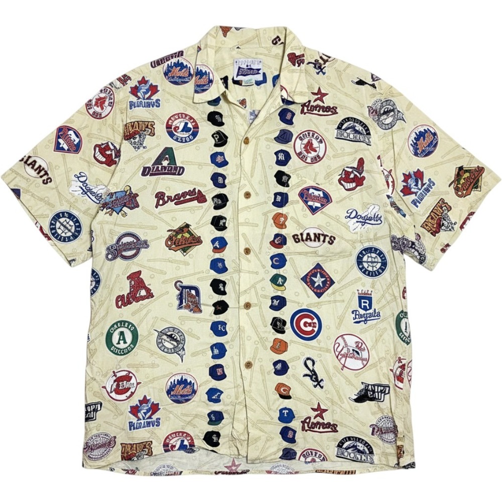Vintage Reyn Spooner MLB All Teams Mashup Hawaiian Shirt Cream Large Spun Rayon
